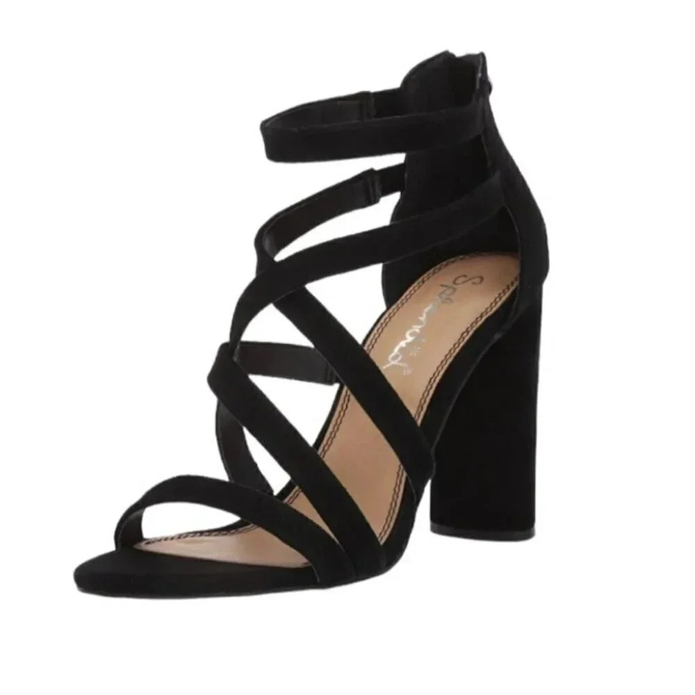 Splendid Strappy Block Heel Sandals 8.5 Black Faux‎ Suede Back Zip Open Toe